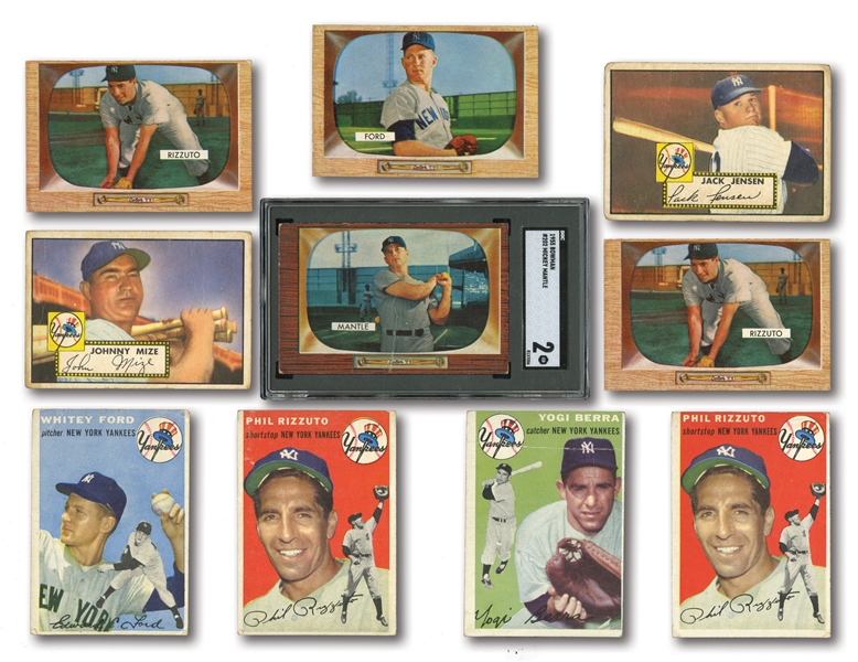 NEW YORK YANKEES LOT OF (17) 1952-55 CARDS INCL. 1955 BOWMAN #202 MANTLE SGC GOOD 2